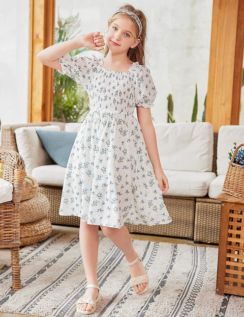 Arshiner Girls Summer Dress Short Puff Sleeve Floral Dress