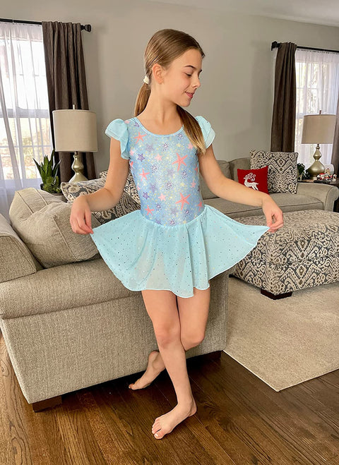 Arshiner Girls Shiny Ruffle Sleeve Ballet Leotard with Skirt