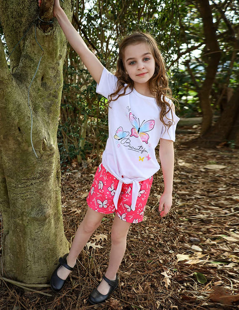 Arshiner Girls 2 Piece Outfits Cold Shoulder Tie Knot T-Shirt and Shorts Set
