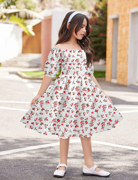 Arshiner Girls Summer Dress Short Puff Sleeve Floral Dress