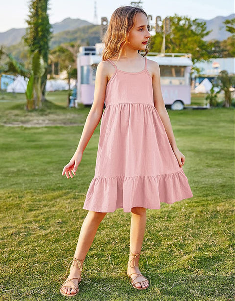 Arshiner Girl's Summer Sundress Spaghetti Strap Linen Midi Dress