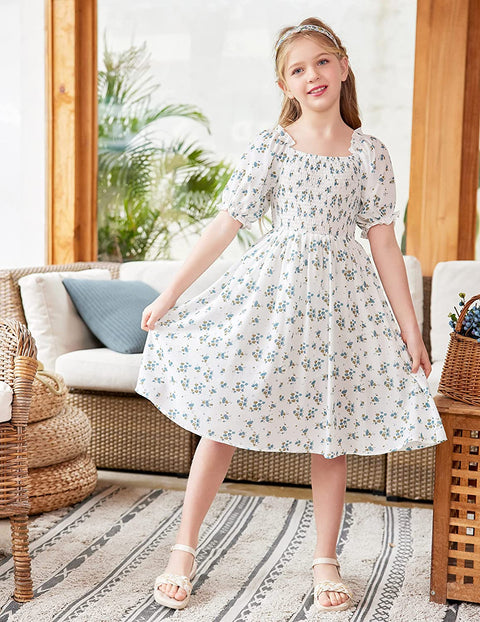 Arshiner Girls Summer Dress Short Puff Sleeve Floral Dress