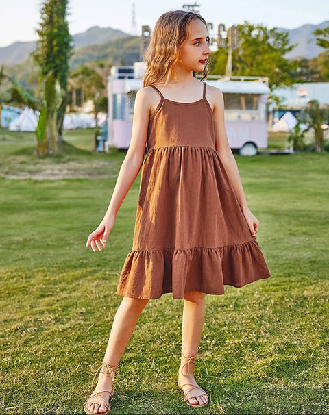 Arshiner Girl's Summer Sundress Spaghetti Strap Linen Midi Dress