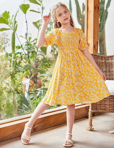 Arshiner Girls Summer Dress Short Puff Sleeve Floral Dress