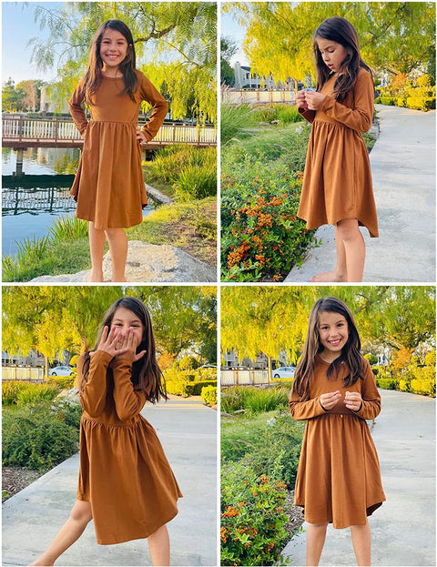 Arshiner Girl Long Sleeve A Line Skater Casual Twirly Casual Dress