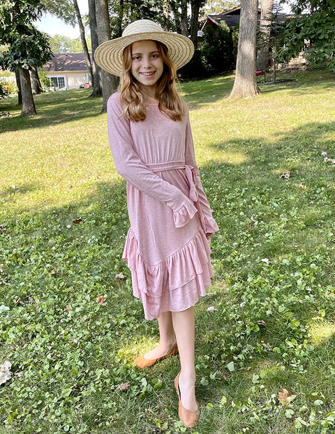 Arshiner Girls Dresses Long Sleeve Loose Plain Ruffle Swing Midi Dress