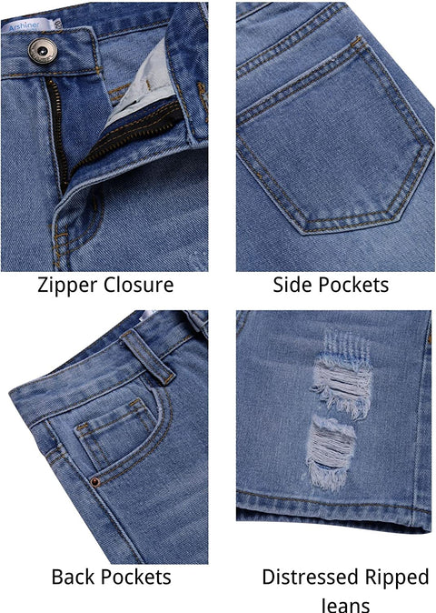 Arshiner Boys Ripped Denim Shorts Boys Straight Distressed Jeans Shorts Summer Casual Short with Pocket for Boys
